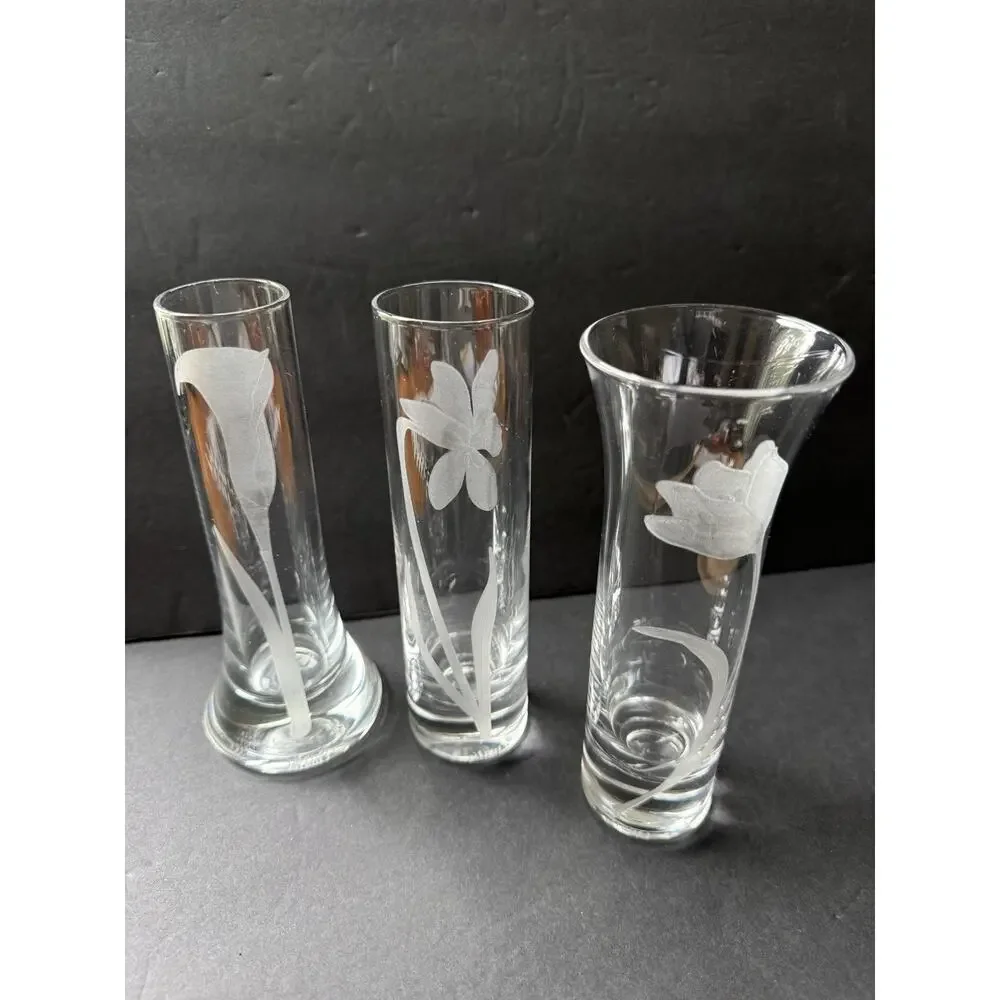Qualia Glass Etched Bud Vase Clear Set (3) Bouquet Tulip Deco Modernist